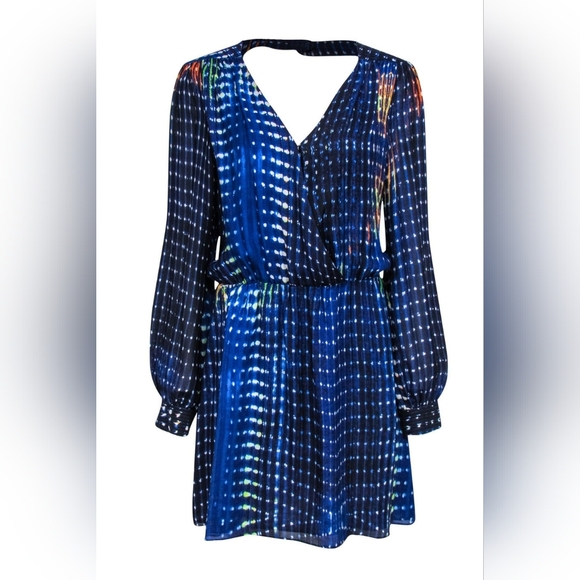 Parker Blue Surplice 100% Silk Long Sleeve Summer Mini Dress Dressy Party blue - Picture 2 of 13